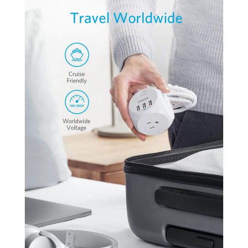 앤커 Anker PowerPort Cube USB Power Strip with 3 Outlets and 3 USB Ports, Portable Design, 5 ft Extension Cord, Overload Protection for iPhone XS/XR, Compact for Travel, Cruise Ship and