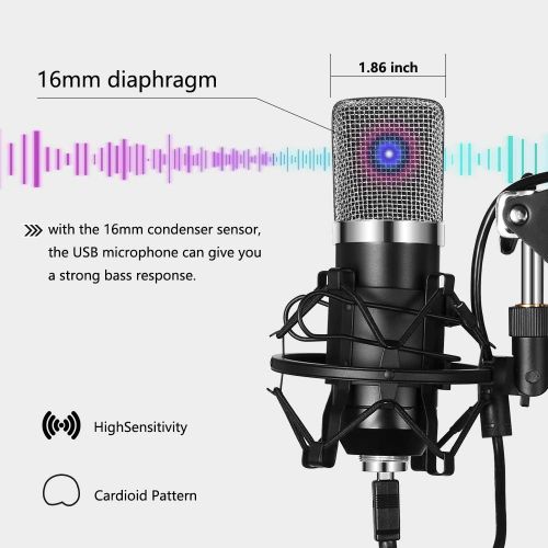  [아마존베스트]Ankuka USB Streaming Podcast PC Microphone, Professional Studio Cardioid Condenser Mic Kit with Sound Card Boom Arm Shock Mount Pop Filter, for Skype Youtuber Gaming Recording