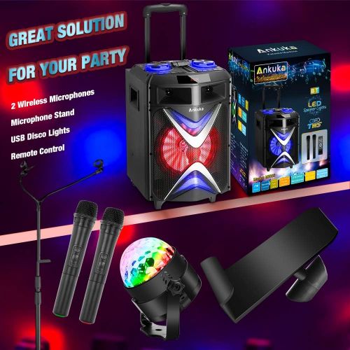  [아마존베스트]Portable Karaoke Machine for Adults and Kids, Ankuka Bluetooth PA Speaker Sound System with USB Disco Lights, 2 Wireless Microphones and Microphone Stand for Party Karaoke, Gifts f