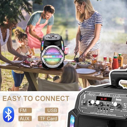  [아마존베스트]Ankuka Bluetooth Karaoke Machine for Kids and Adults with Colorful LED Lights, Wireless PA Speaker Sound System with 8 Subwoofers and Wired Microphone for Party, Singing