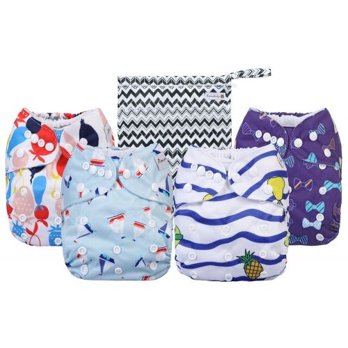  Cloth Diapers 4 Pack Adjustable Size Waterproof Washable Pocket Baby Cloth Diaper Cover and Inserts with Wet Bag by Anmababy(Azul)