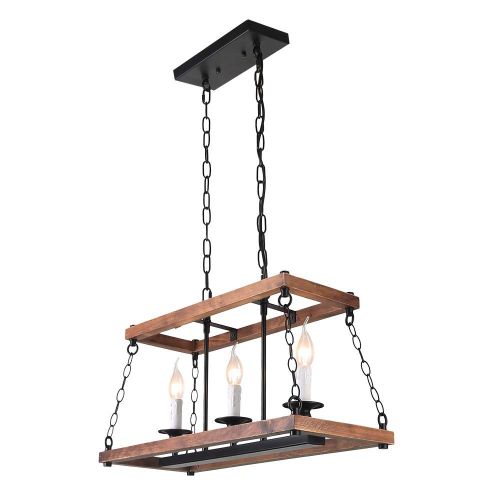  Anmytek Wood Metal Chandelier 3 Candle Holder Pendant Light, Rustic Industrial Edison Hanging Light Vintage Kitchen Island Ceiling Light Fixture, Brown(C0053)