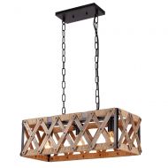 Anmytek Square Metal and Wood Chandelier Basket Pendant Three Lights Oil Black Finishing Rope Net Lamp Shade Retro Vintage Industrial Rustic Ceiling Lamp Caged Light