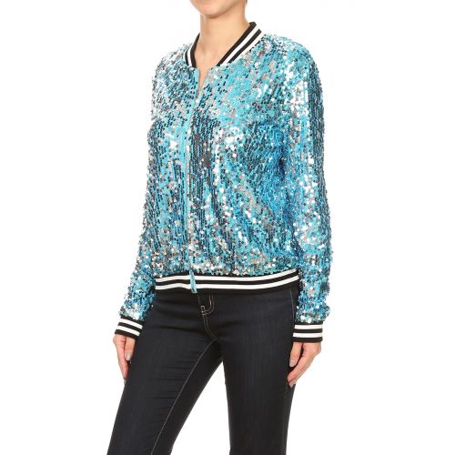  Anna-Kaci Fashion Womens Sequin Long Sleeve Front Zip Jacket with Ribbed Cuffs