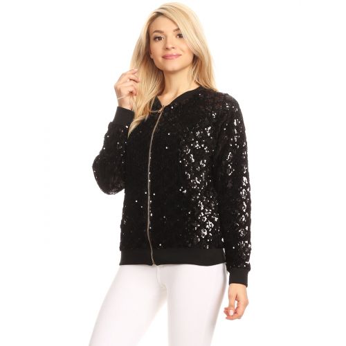  Anna-Kaci Fashion Womens Sequin Long Sleeve Front Zip Jacket with Ribbed Cuffs