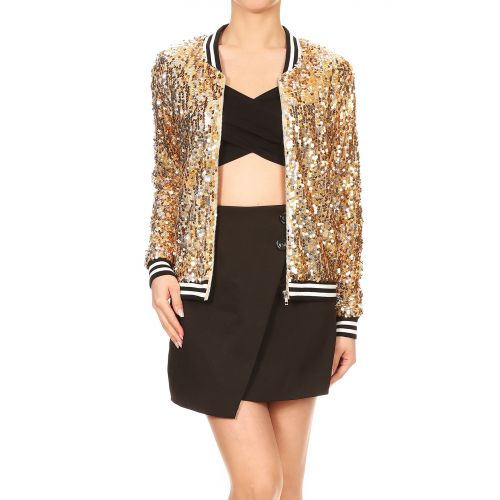  Anna-Kaci Fashion Womens Sequin Long Sleeve Front Zip Jacket with Ribbed Cuffs