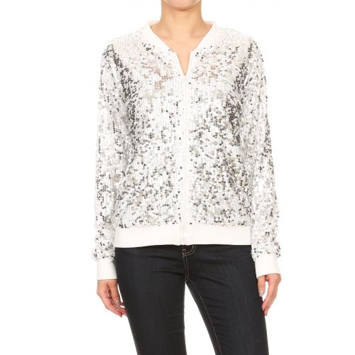  Anna-Kaci Fashion Womens Sequin Long Sleeve Front Zip Jacket with Ribbed Cuffs