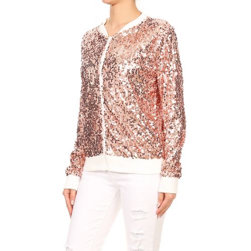  Anna-Kaci Fashion Womens Sequin Long Sleeve Front Zip Jacket with Ribbed Cuffs