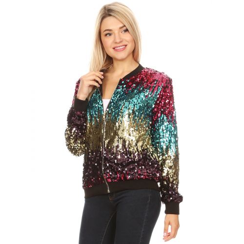  Anna-Kaci Fashion Womens Sequin Long Sleeve Front Zip Jacket with Ribbed Cuffs