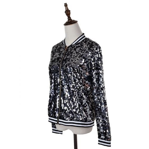  Anna-Kaci Fashion Womens Sequin Long Sleeve Front Zip Jacket with Ribbed Cuffs