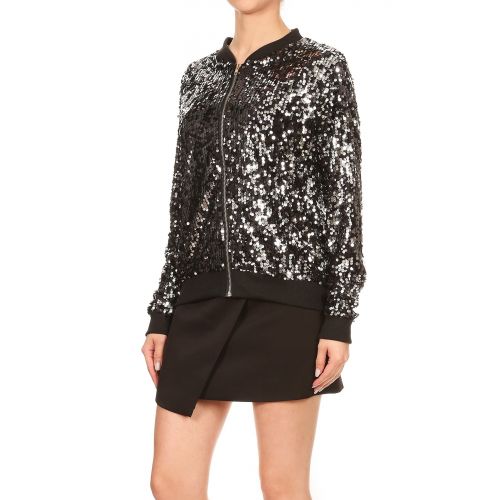 Anna-Kaci Fashion Womens Sequin Long Sleeve Front Zip Jacket with Ribbed Cuffs