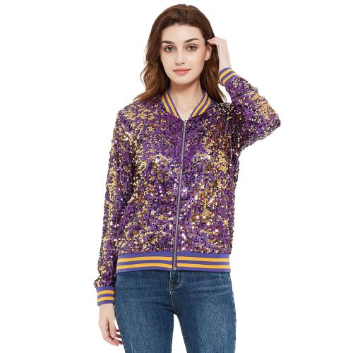  Anna-Kaci Fashion Womens Sequin Long Sleeve Front Zip Jacket with Ribbed Cuffs