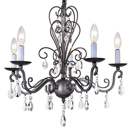  Annaka Lighting Wrought Iron Rustic Vintage Antique nickel Candle Chandelier Crystal Lighting Fixture Lamp for Dining Room Bathroom Foyer Livingroom 5 E12 Bulbs Required D22 in x H20 in