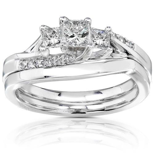  Annello by Kobelli 14k White Gold 12ct TDW Princess-cut Diamond 3 Stone Bridal Rings Set by Annello