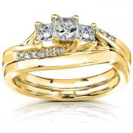Annello by Kobelli 14k Yellow Gold 12ct TDW Princess Diamond Curved Three Stone Bridal Ring Set by Annello