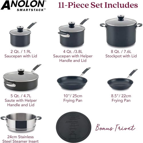  Anolon Smart Stack Hard Anodized Nonstick Cookware, 11 Piece Set, Black
