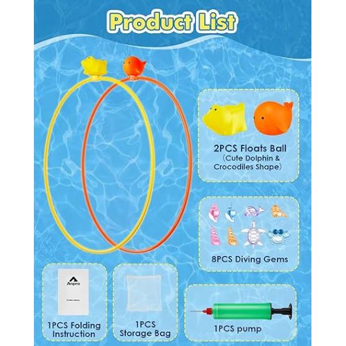 Anpro Swimming Pool Toys, 14Pcs Diving Toys Swim Through Rings Gems Diving Toy for Kids Ages 3-12, Diving Practice, Floating Toys for Kids Pool, Pool Floats Accessories for Water Sport