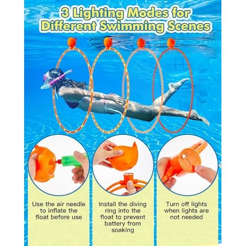  Anpro Swimming Pool Toys, 14Pcs Diving Toys Swim Through Rings Gems Diving Toy for Kids Ages 3-12, Diving Practice, Floating Toys for Kids Pool, Pool Floats Accessories for Water Sport