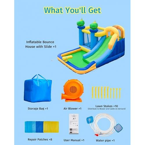  Anpro Inflatable Water Slide Bounce House, 6 in 1 Water Park Bounce House with Blower, Splash Slide, Climbing Wall, Splash Pool, Water Cannon for Kids Backyard Party, Outdoor Indoor