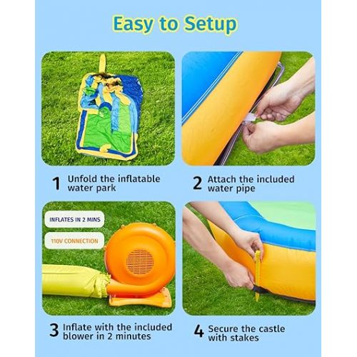  Anpro Inflatable Water Slide Bounce House, 6 in 1 Water Park Bounce House with Blower, Splash Slide, Climbing Wall, Splash Pool, Water Cannon for Kids Backyard Party, Outdoor Indoor