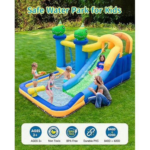  Anpro Inflatable Water Slide Bounce House, 6 in 1 Water Park Bounce House with Blower, Splash Slide, Climbing Wall, Splash Pool, Water Cannon for Kids Backyard Party, Outdoor Indoor