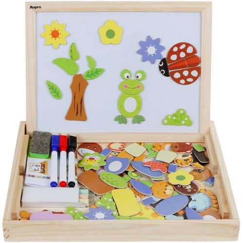  [아마존 핫딜]  [아마존핫딜]Anpro Magnetisches Holzpuzzle mit Doppelseitiger Tafel, 110 Stueck padagogisches Holzspielzeug Lernspielzeug Staffelei Doodle fuer Kinder ab 3 Jahre alt, EINWEG