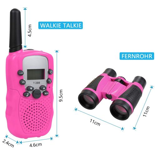  [아마존 핫딜]  [아마존핫딜]Anpro 2Stk Walkie Talkie Set mit 2Stk 5x30 Fernglaser, Kinder Funkgerate 1-3KM Reichweite 8 Kanale 2-Wege-Radio-Spielzeug mit Taschenlampe LCD Bildschirm Geschenk fuer Kinder, Rosa