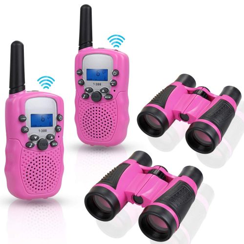  [아마존 핫딜]  [아마존핫딜]Anpro 2Stk Walkie Talkie Set mit 2Stk 5x30 Fernglaser, Kinder Funkgerate 1-3KM Reichweite 8 Kanale 2-Wege-Radio-Spielzeug mit Taschenlampe LCD Bildschirm Geschenk fuer Kinder, Rosa