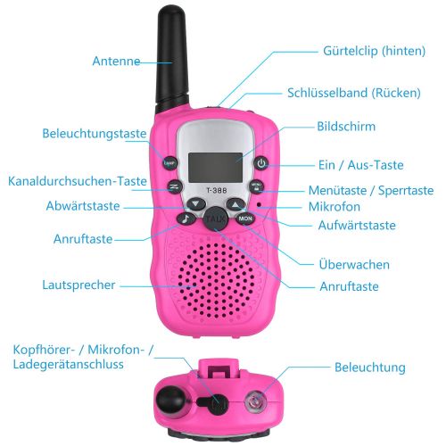  [아마존 핫딜]  [아마존핫딜]Anpro 2Stk Walkie Talkie Set mit 2Stk 5x30 Fernglaser, Kinder Funkgerate 1-3KM Reichweite 8 Kanale 2-Wege-Radio-Spielzeug mit Taschenlampe LCD Bildschirm Geschenk fuer Kinder, Rosa