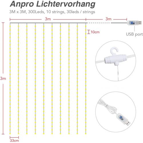  [아마존 핫딜] [아마존핫딜] Anpro LED USB Lichtervorhang 3m x 3m, 300 LEDs USB Lichterkettenvorhang mit 8 Lichtmodelle fuer Partydekoration deko schlafzimmer, Innenbeleuchtung, Warmweiss