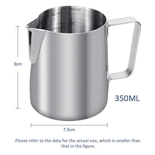  Anpro Milchkannchen, Milk Pitcher 350ml / 12 fl.oz. Milchkanne aus Edelstahl, Milch Aufschaumen fuer Cappuccino und Latte, Silber (9 × 7.5CM), MEHRWEG