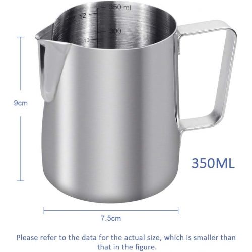  Anpro Milchkannchen, Milk Pitcher 350ml / 12 fl.oz. Milchkanne aus Edelstahl, Milch Aufschaumen fuer Cappuccino und Latte, Silber (9 × 7.5CM), MEHRWEG