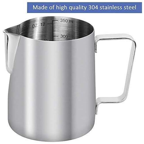  Anpro Milchkannchen, Milk Pitcher 350ml / 12 fl.oz. Milchkanne aus Edelstahl, Milch Aufschaumen fuer Cappuccino und Latte, Silber (9 × 7.5CM), MEHRWEG