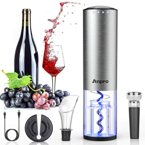  [아마존베스트]Anpro Electric Wine Opener, Automatic Electric Wine Bottle Corkscrew Opener Set with Foil Cutter, Rechargeable (Stainless Steel), USB Cable Charging (Stainless Steel-2)