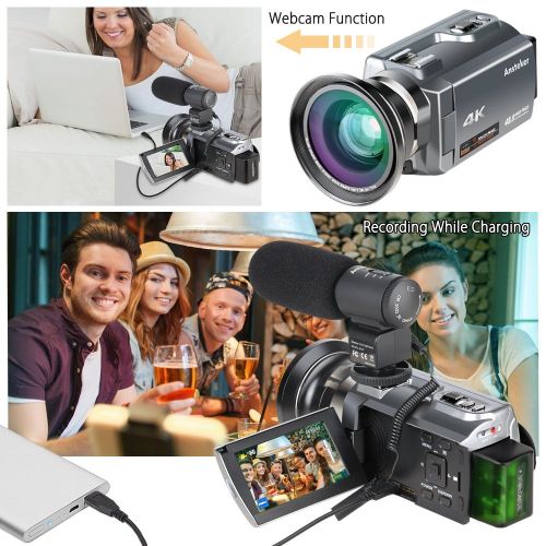  4K Camcorder,Ansteker 48MP 30FPS Ultra HD WiFi Video Camera IR Night Vision Digital Camcorder Portable 3 inch Touch Screen Video Camera Camcorder with External Microphone and Wide