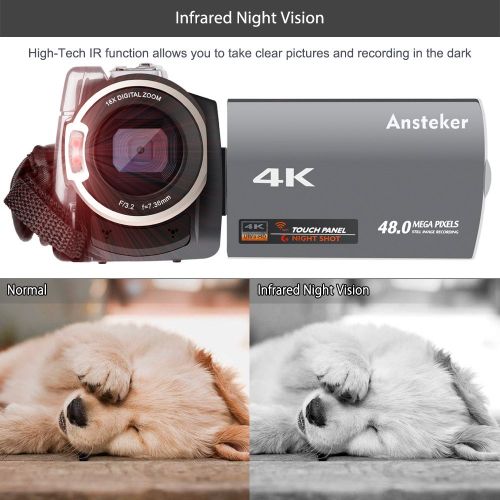  4K Camcorder,Ansteker 48MP 30FPS Ultra HD WiFi Video Camera IR Night Vision Digital Camcorder Portable 3 inch Touch Screen Video Camera Camcorder with External Microphone and Wide