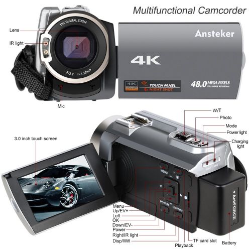  4K Camcorder,Ansteker 48MP 30FPS Ultra HD WiFi Video Camera IR Night Vision Digital Camcorder Portable 3 inch Touch Screen Video Camera Camcorder with External Microphone and Wide