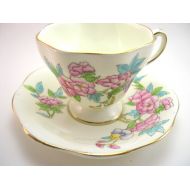 AntiqueAndCrafts Antique Foley Tea cup and saucer set, Yellow with Bouquet of flowers, Handpainted tea cup and saucer,Fine Bone China, English tea set
