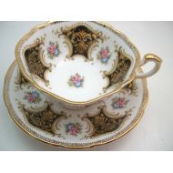 AntiqueAndCrafts Black Paragon tea cup and saucer, Black and Gold Tea cup And Saucer, Gold filigree and flowers,