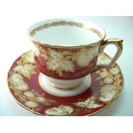 AntiqueAndCrafts Antique 1930s Crown Staffordshire Tea Cup And Saucer, Marroon Red tea cup, Fine Bone china, English Tea cup set, Maroon and Gold tea cup.