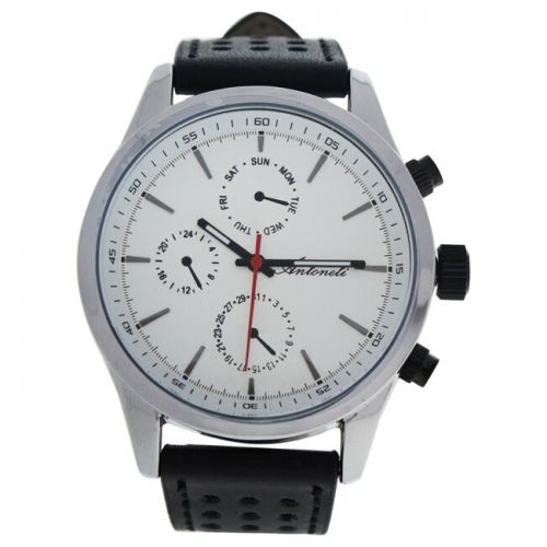  Antoneli AG0308-01 SilverMens Black Leather Strap Watch