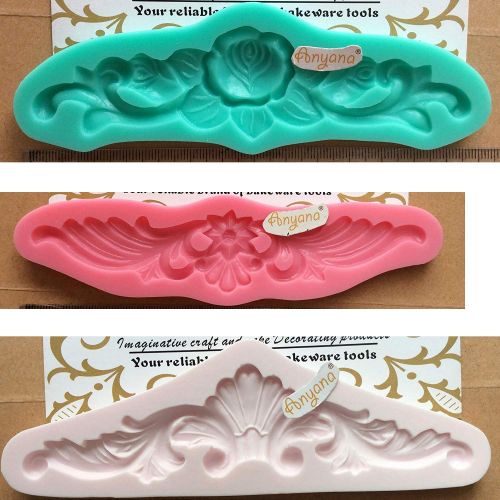  Anyana 11scrollmolds Baroque Style Curlicues Scroll Rose Vine Lace Fondant Silicone Sculpted Gum Paste Mold for Sugarcraft, Cake Border Decoration, Cupcake Topper, 3, Pink Or Other