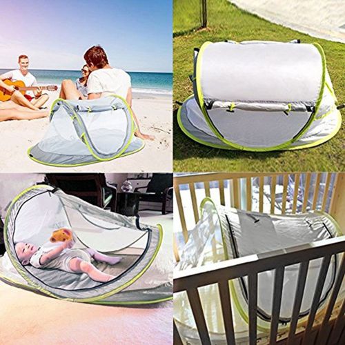  Anyshock Baby Travel Tent, Portable Ultralight Folding Baby Beach Tent Pop Up UPF 50+ UV Travel Bed Cribs Protection Sun Shelter Shade for Baby Under Age 2 (Grey/Green)