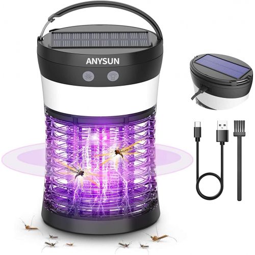  Bug Zapper Solar Powered, Electric Mosquito Zappers Killer, Anysun Portable Camping Lantern with SOS Emergency Light, Rechargeable Insect Fly Pest Attractant Trap for Outdoor Indoo