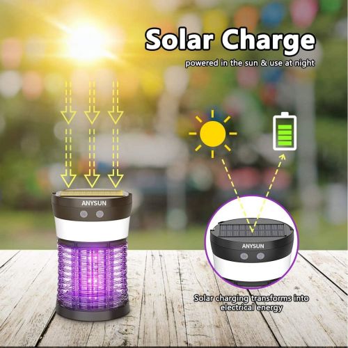  Bug Zapper Solar Powered, Electric Mosquito Zappers Killer, Anysun Portable Camping Lantern with SOS Emergency Light, Rechargeable Insect Fly Pest Attractant Trap for Outdoor Indoo