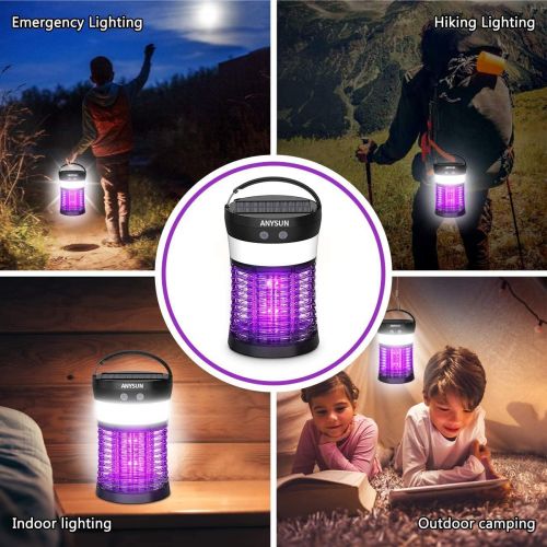  Bug Zapper Solar Powered, Electric Mosquito Zappers Killer, Anysun Portable Camping Lantern with SOS Emergency Light, Rechargeable Insect Fly Pest Attractant Trap for Outdoor Indoo