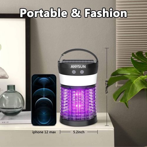  Bug Zapper Solar Powered, Electric Mosquito Zappers Killer, Anysun Portable Camping Lantern with SOS Emergency Light, Rechargeable Insect Fly Pest Attractant Trap for Outdoor Indoo