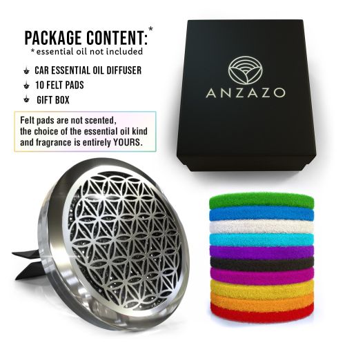  Anzazo Car Essential Oil Diffuser - 1.5 Magnetic Locket Set with Air Vent Clip - Best for Aromatherapy - Fragrance Air Freshener, Scents Diffusers - Sacred Geometry Jewelry for Car