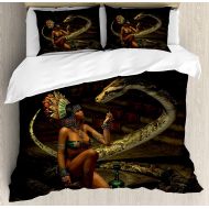 Anzona Twin Size Fantasy 3 PCS Duvet Cover Set, Mystery Dark Skin Girl with Headdress Eye to Eye with Huge Snake, Bedding Set Bedspread for Children/Teens/Adults/Kids, Green Brown