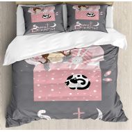 Anzona Sweet Dreams 4 Piece Bedding Set Duvet Cover Set Full Size, Girl Sleeping with a Bunny and a Cat Cartoon Style Night Time Themed Image, Luxury Bed Sheet for Childrens/Kids/Teens/Ad